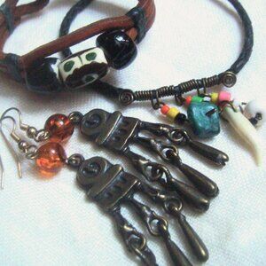 Boho Jewelry Brass Leather Earrings Bracelet 3-Piece Bundle